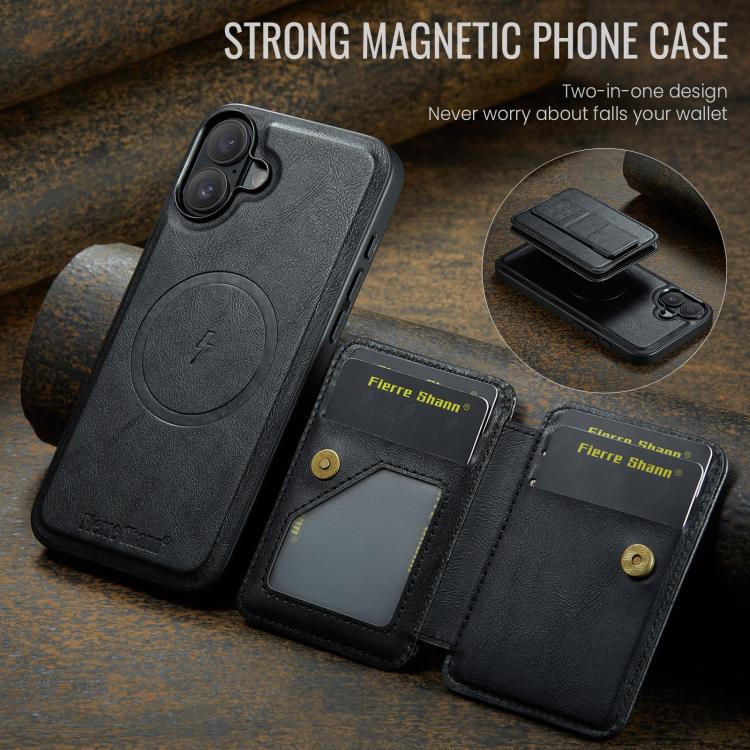 For iPhone 17 Fierre Shann Oil Wax Cow Leather Card Holder Back Phone Case(Black) by FIERRE SHANN