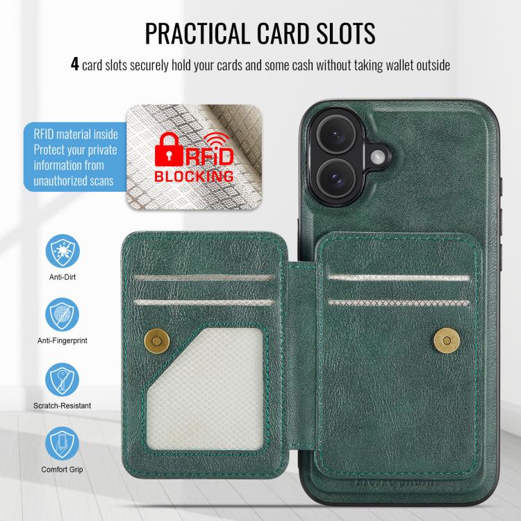 For iPhone 17 Fierre Shann Oil Wax Cow Leather Card Holder Back Phone Case(Green) by FIERRE SHANN