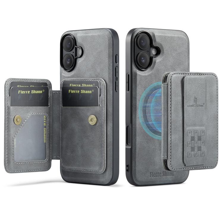 For iPhone 17 Fierre Shann Oil Wax Cow Leather Card Holder Back Phone Case(Grey) by FIERRE SHANN