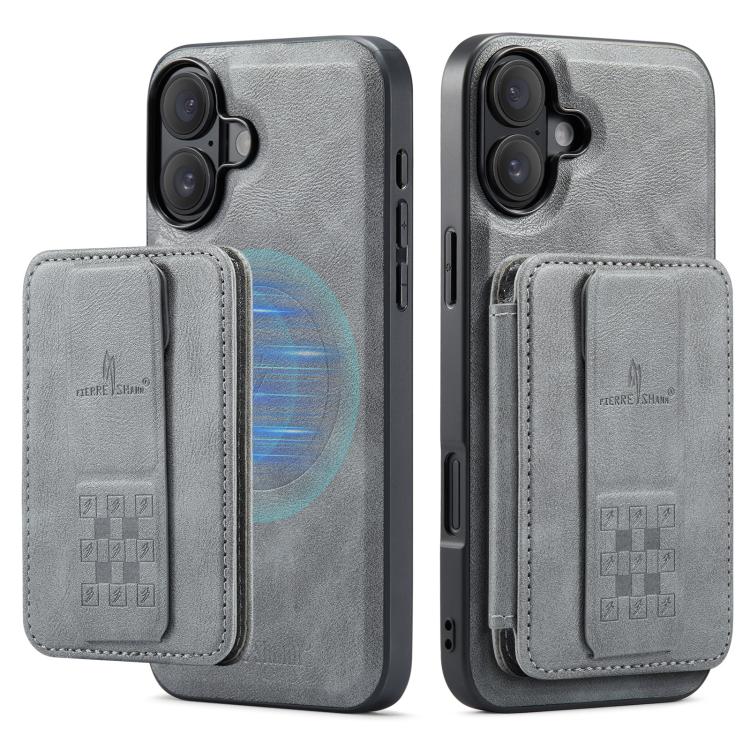 For iPhone 17 Fierre Shann Oil Wax Cow Leather Card Holder Back Phone Case(Grey) by FIERRE SHANN