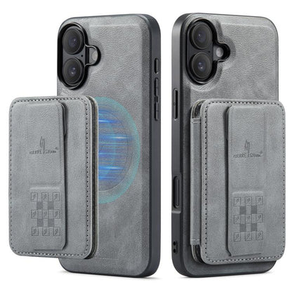For iPhone 17 Fierre Shann Oil Wax Cow Leather Card Holder Back Phone Case(Grey) by FIERRE SHANN