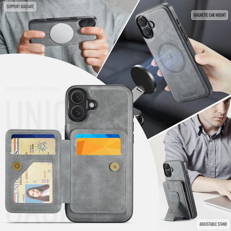 For iPhone 17 Fierre Shann Oil Wax Cow Leather Card Holder Back Phone Case(Grey) by FIERRE SHANN