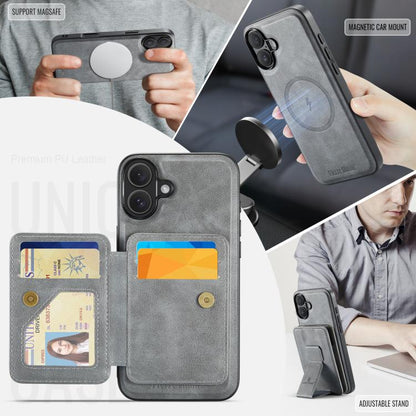 For iPhone 17 Fierre Shann Oil Wax Cow Leather Card Holder Back Phone Case(Grey) by FIERRE SHANN