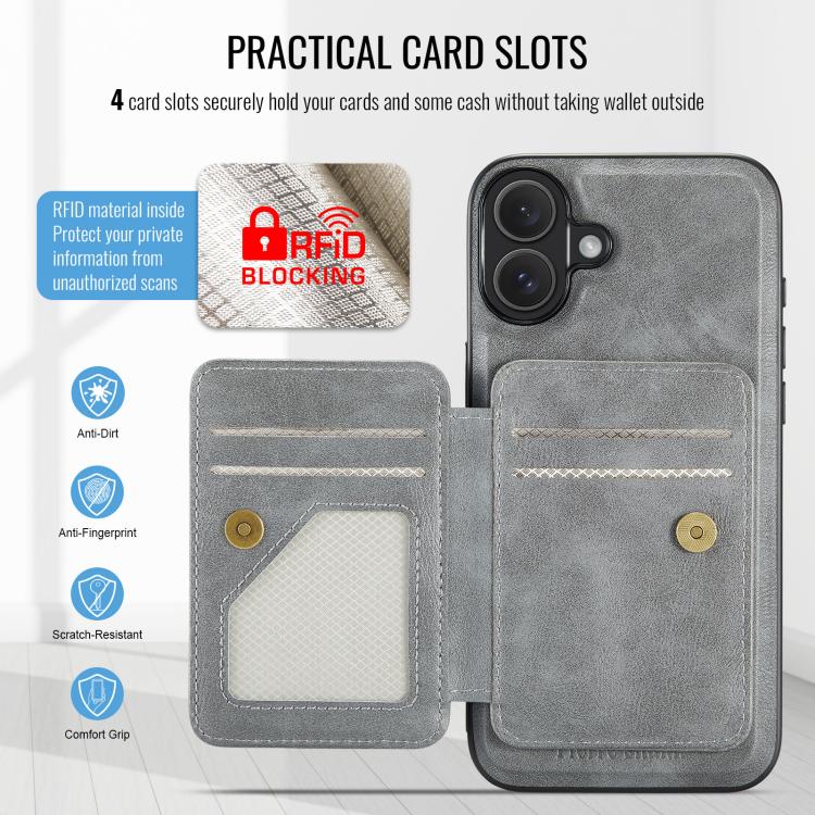 For iPhone 17 Fierre Shann Oil Wax Cow Leather Card Holder Back Phone Case(Grey) by FIERRE SHANN