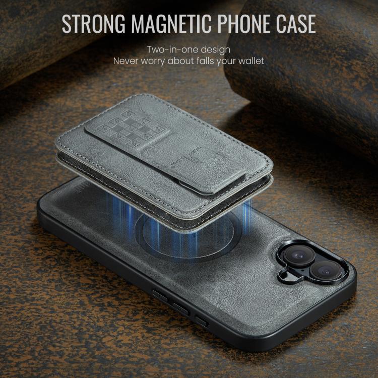 For iPhone 17 Fierre Shann Oil Wax Cow Leather Card Holder Back Phone Case(Grey) by FIERRE SHANN