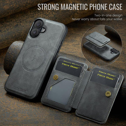 For iPhone 17 Fierre Shann Oil Wax Cow Leather Card Holder Back Phone Case(Grey) by FIERRE SHANN