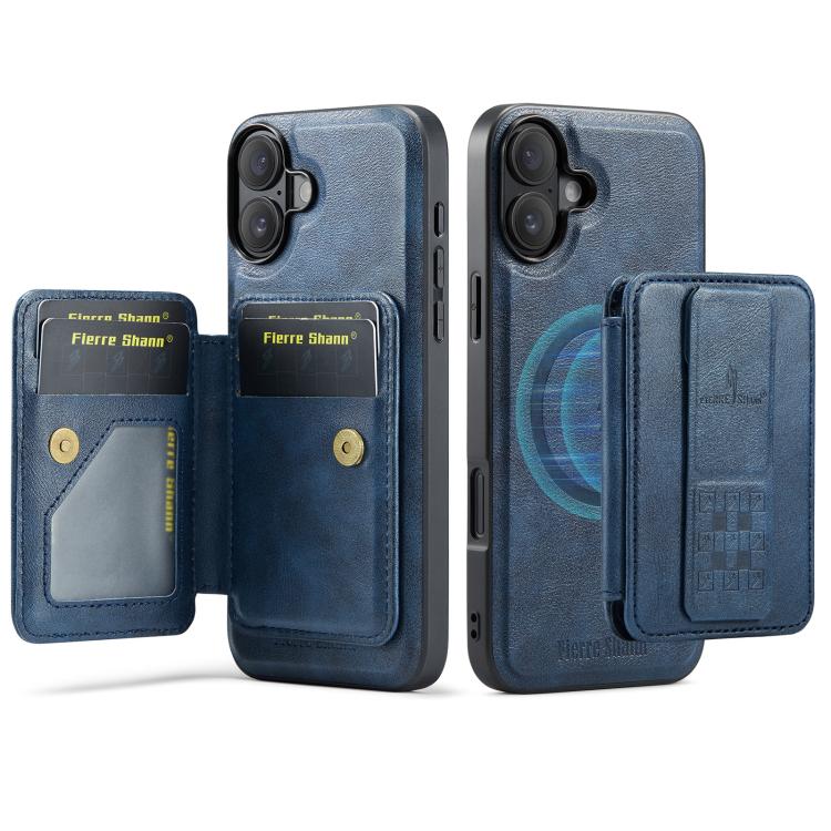 For iPhone 17 Fierre Shann Oil Wax Cow Leather Card Holder Back Phone Case(Blue) by FIERRE SHANN
