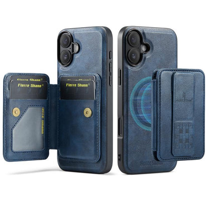 For iPhone 17 Fierre Shann Oil Wax Cow Leather Card Holder Back Phone Case(Blue) by FIERRE SHANN