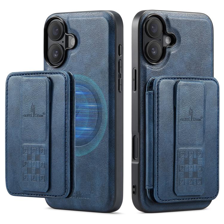 For iPhone 17 Fierre Shann Oil Wax Cow Leather Card Holder Back Phone Case(Blue) by FIERRE SHANN