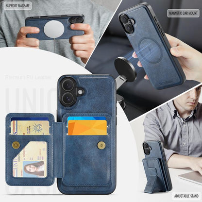For iPhone 17 Fierre Shann Oil Wax Cow Leather Card Holder Back Phone Case(Blue) by FIERRE SHANN