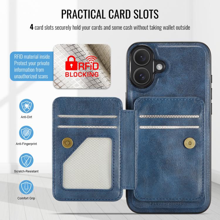 For iPhone 17 Fierre Shann Oil Wax Cow Leather Card Holder Back Phone Case(Blue) by FIERRE SHANN