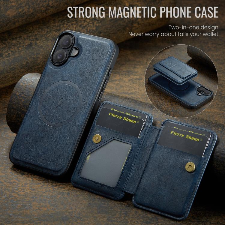 For iPhone 17 Fierre Shann Oil Wax Cow Leather Card Holder Back Phone Case(Blue) by FIERRE SHANN