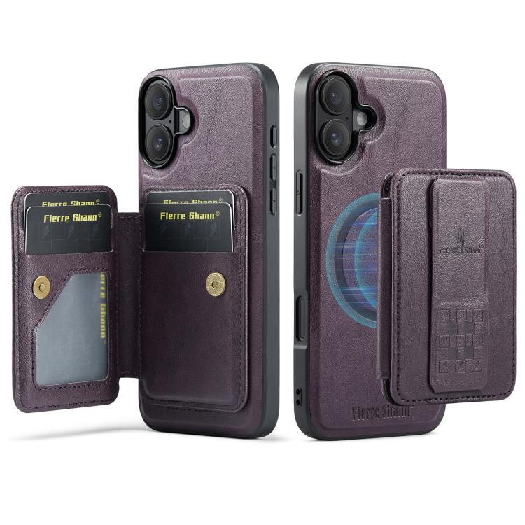 For iPhone 17 Fierre Shann Oil Wax Cow Leather Card Holder Back Phone Case(Purple) by FIERRE SHANN