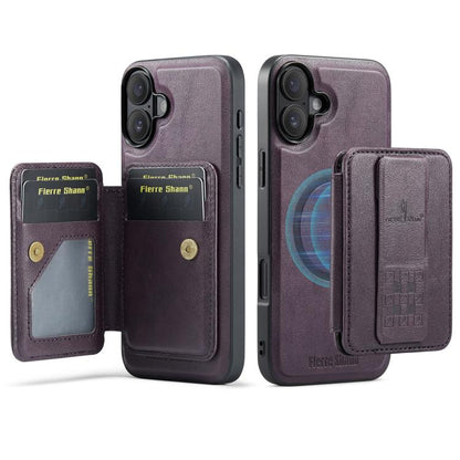 For iPhone 17 Fierre Shann Oil Wax Cow Leather Card Holder Back Phone Case(Purple) by FIERRE SHANN