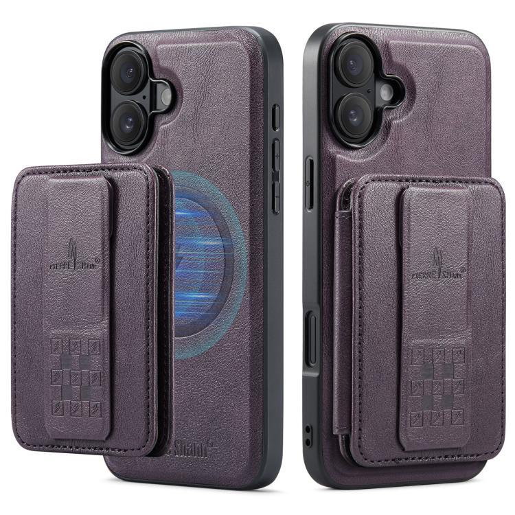 For iPhone 17 Fierre Shann Oil Wax Cow Leather Card Holder Back Phone Case(Purple) by FIERRE SHANN