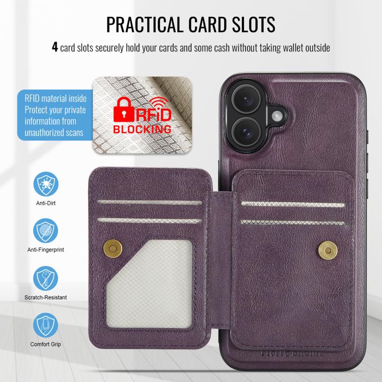 For iPhone 17 Fierre Shann Oil Wax Cow Leather Card Holder Back Phone Case(Purple) by FIERRE SHANN