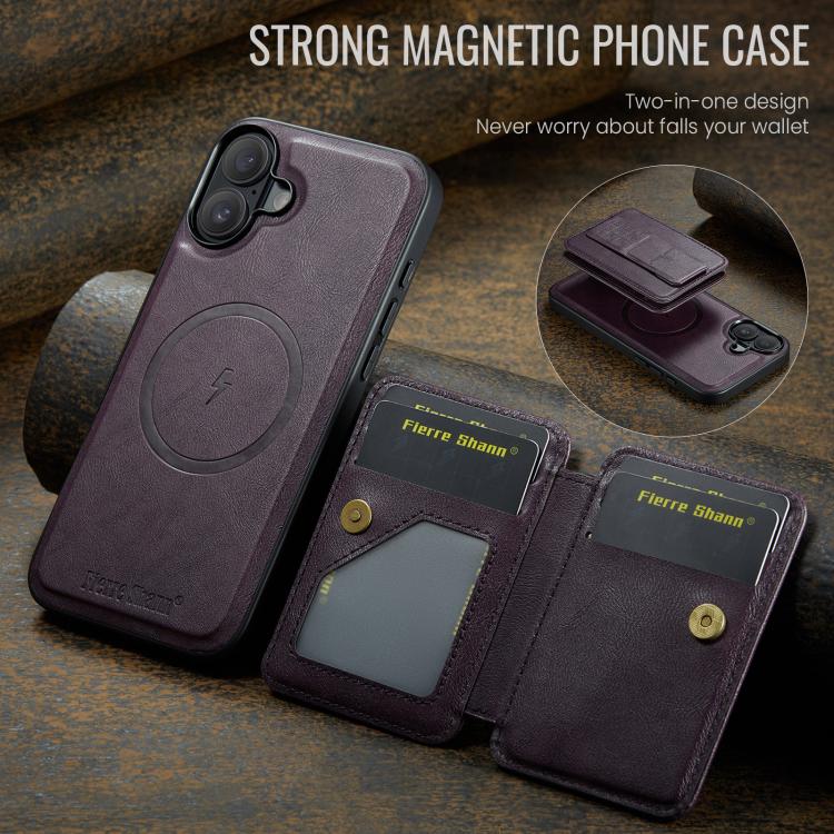 For iPhone 17 Fierre Shann Oil Wax Cow Leather Card Holder Back Phone Case(Purple) by FIERRE SHANN
