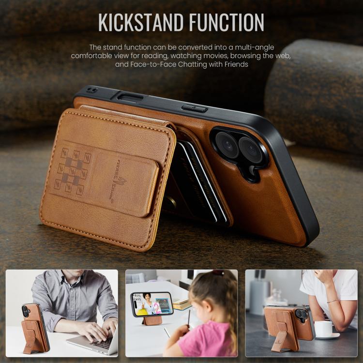 For iPhone 17 Fierre Shann Oil Wax Cow Leather Card Holder Back Phone Case(Brown) by FIERRE SHANN