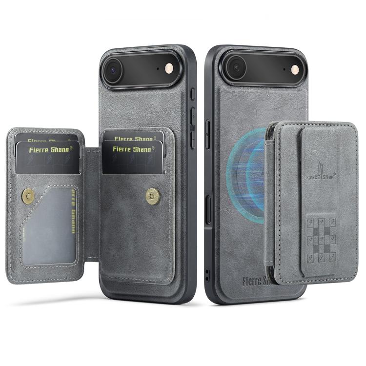 For iPhone Air Fierre Shann Oil Wax Cow Leather Card Holder Back Phone Case(Grey) by FIERRE SHANN