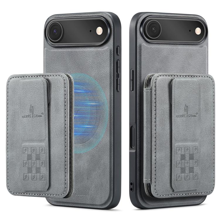 For iPhone Air Fierre Shann Oil Wax Cow Leather Card Holder Back Phone Case(Grey) by FIERRE SHANN