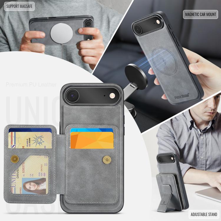 For iPhone Air Fierre Shann Oil Wax Cow Leather Card Holder Back Phone Case(Grey) by FIERRE SHANN