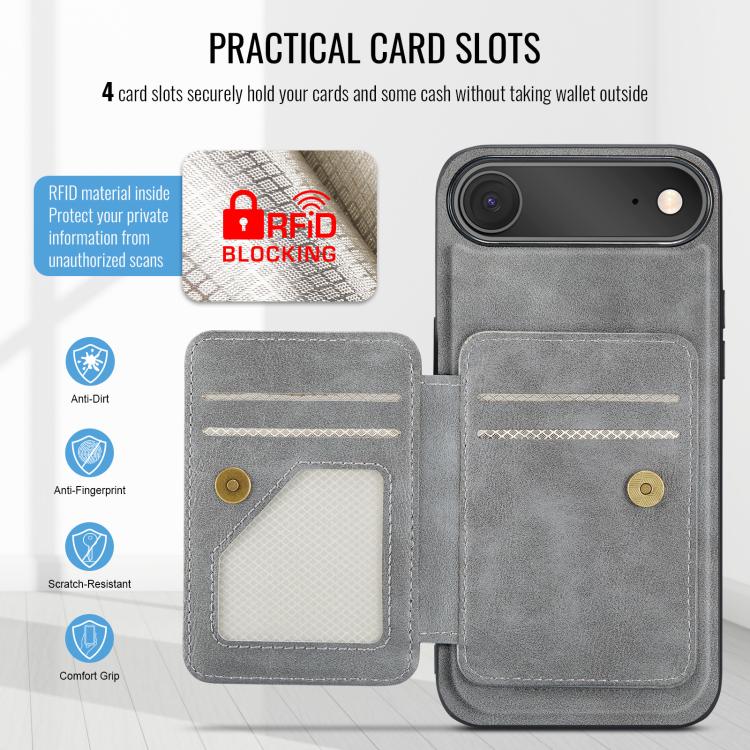 For iPhone Air Fierre Shann Oil Wax Cow Leather Card Holder Back Phone Case(Grey) by FIERRE SHANN