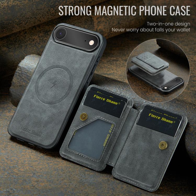 For iPhone Air Fierre Shann Oil Wax Cow Leather Card Holder Back Phone Case(Grey) by FIERRE SHANN