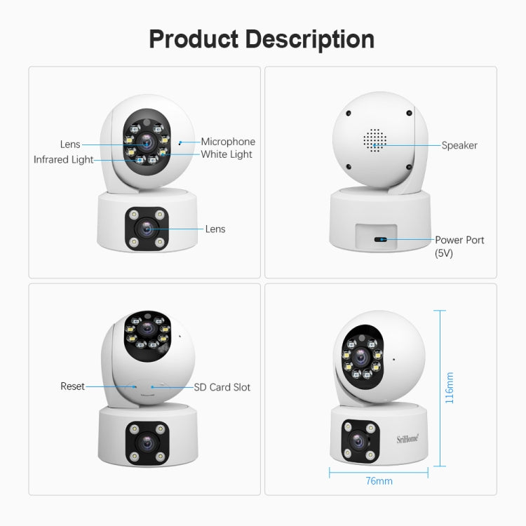 SriHome SH049 2MP + 2MP Humanoid Tracking Smart Night Vision Dual Lens HD IP Camera(UK Plug) by SriHome