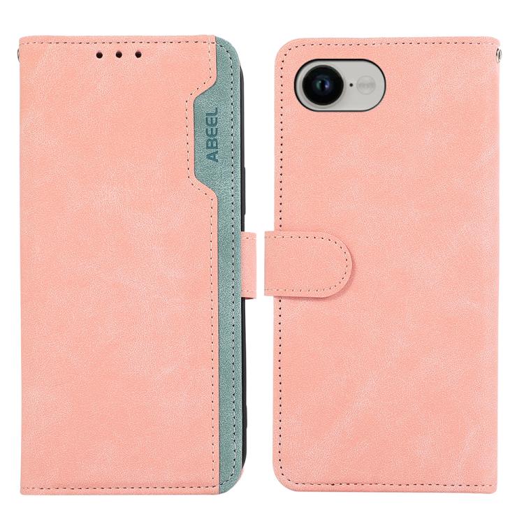 For iPhone 16e ABEEL Color Block Magnetic RFID Leather Phone Case(Pink-Cyan) by bashfashion