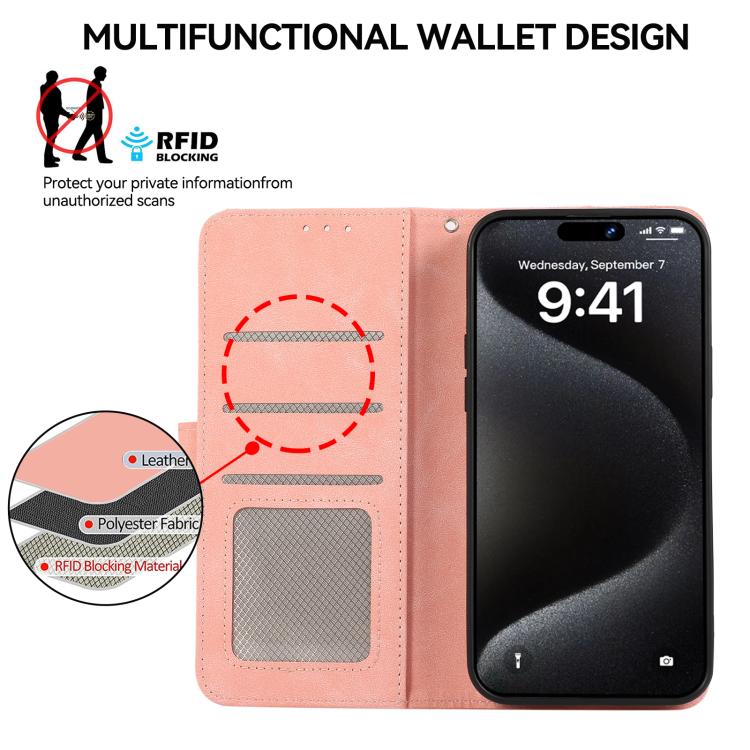 For iPhone 16e ABEEL Color Block Magnetic RFID Leather Phone Case(Pink-Cyan) by bashfashion