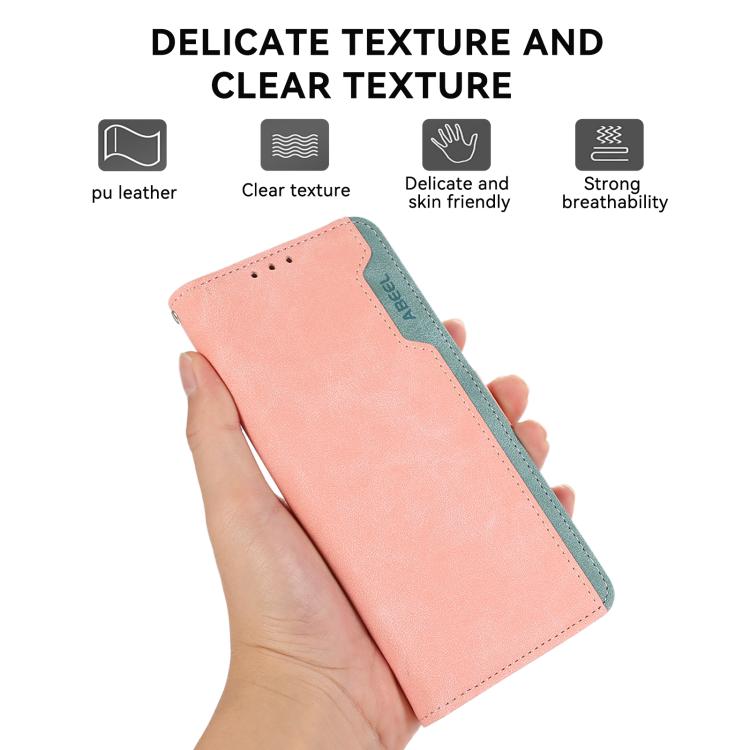 For iPhone 16e ABEEL Color Block Magnetic RFID Leather Phone Case(Pink-Cyan) by bashfashion