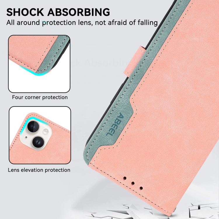 For iPhone 16e ABEEL Color Block Magnetic RFID Leather Phone Case(Pink-Cyan) by bashfashion