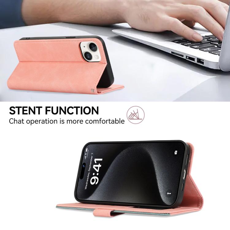 For iPhone 16e ABEEL Color Block Magnetic RFID Leather Phone Case(Pink-Cyan) by bashfashion