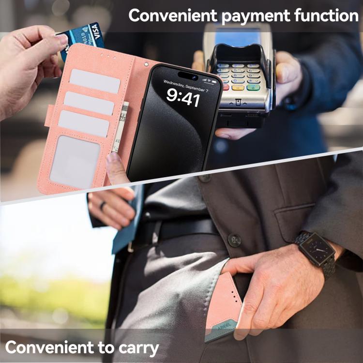 For iPhone 16e ABEEL Color Block Magnetic RFID Leather Phone Case(Pink-Cyan) by bashfashion