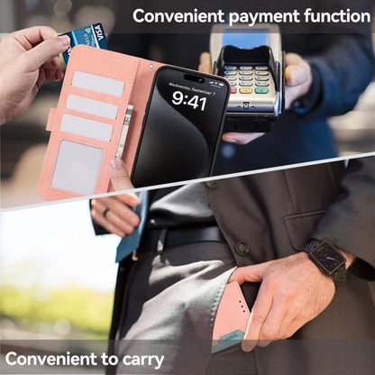 For iPhone 16e ABEEL Color Block Magnetic RFID Leather Phone Case(Pink-Cyan) by bashfashion