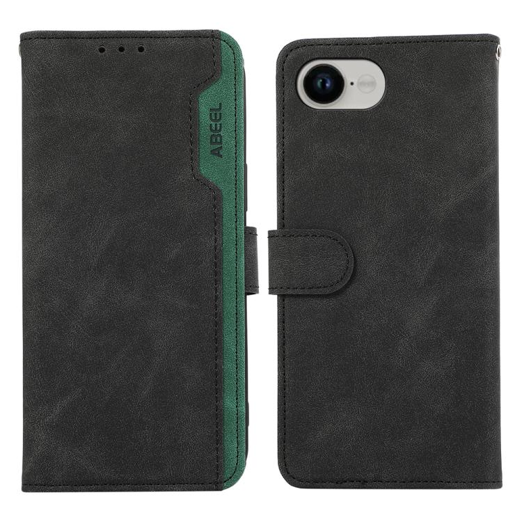 For iPhone 16e ABEEL Color Block Magnetic RFID Leather Phone Case(Black-Green) by bashfashion