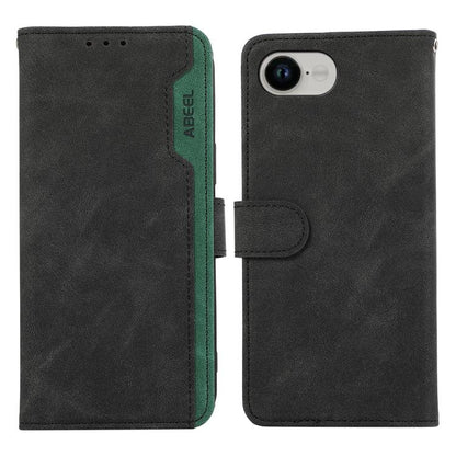 For iPhone 16e ABEEL Color Block Magnetic RFID Leather Phone Case(Black-Green) by bashfashion