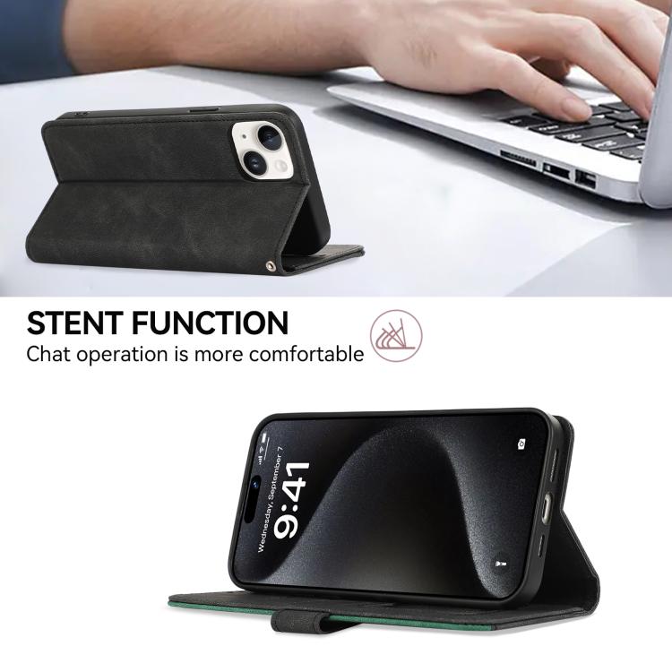 For iPhone 16e ABEEL Color Block Magnetic RFID Leather Phone Case(Black-Green) by bashfashion
