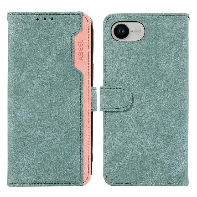 For iPhone 16e ABEEL Color Block Magnetic RFID Leather Phone Case(Cyan-Pink) by bashfashion