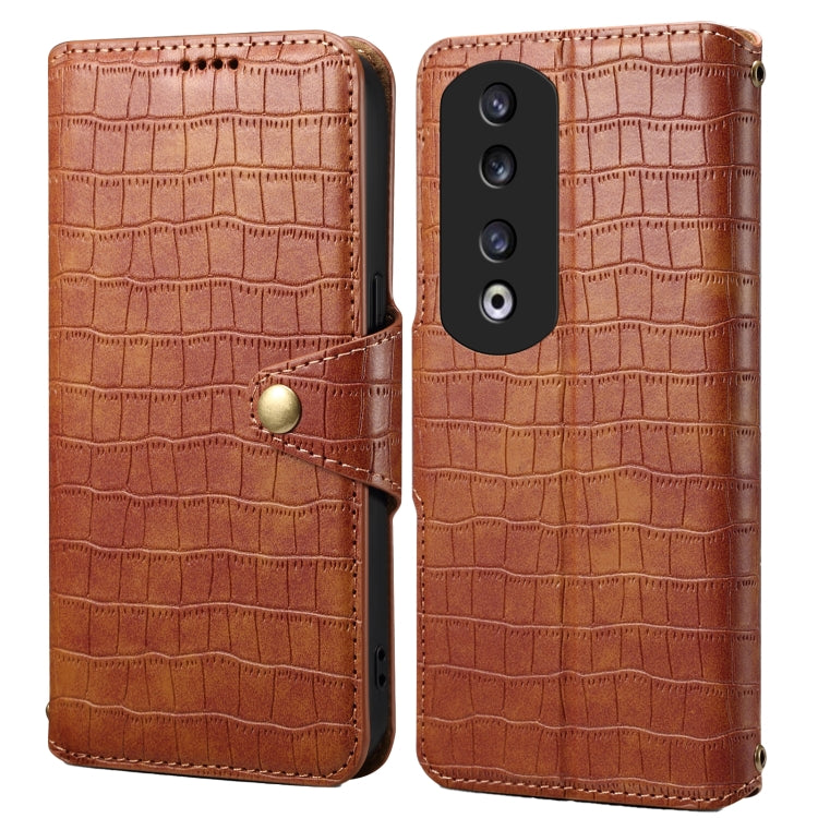 For Honor 90 Pro Denior Crocodile Texture Oil Edge Leather Phone Case(Brown) by Denior