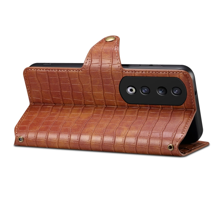 For Honor 90 Pro Denior Crocodile Texture Oil Edge Leather Phone Case(Brown) by Denior