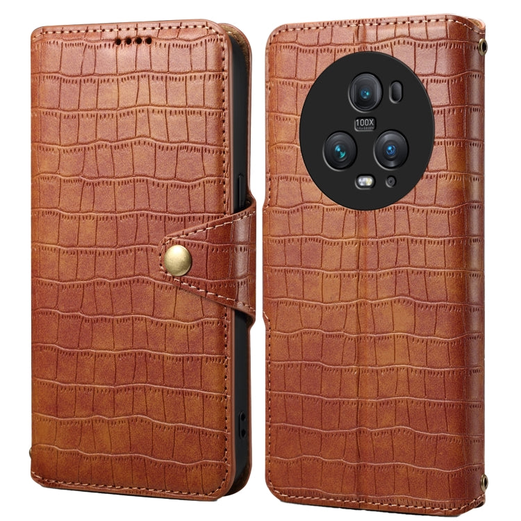 For Honor Magic5 Pro Denior Crocodile Texture Oil Edge Leather Phone Case(Brown) by Denior