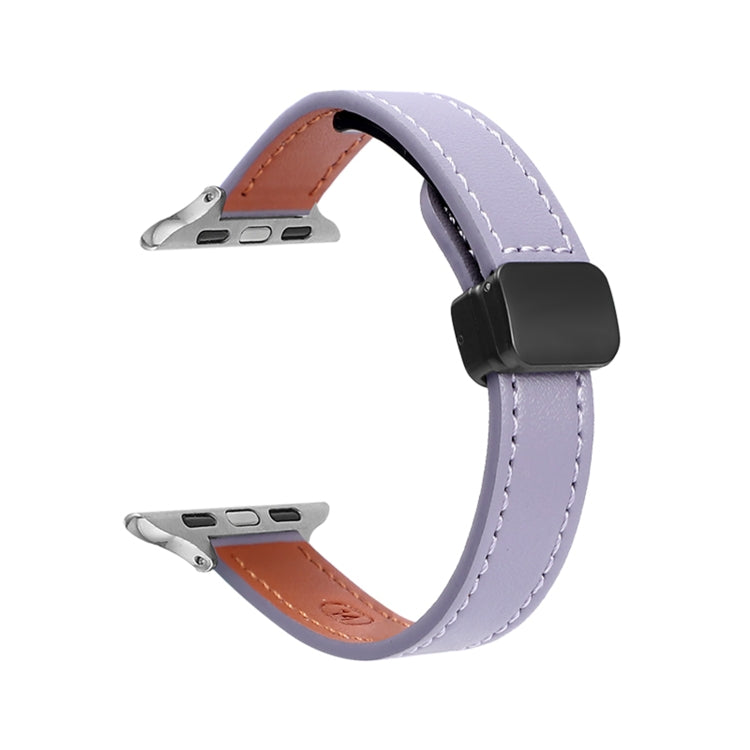 For Apple Watch Ultra 2 49mm Slim Magnetic Buckle Genuine Leather Watch Band(Plain Purple) by bashfashion