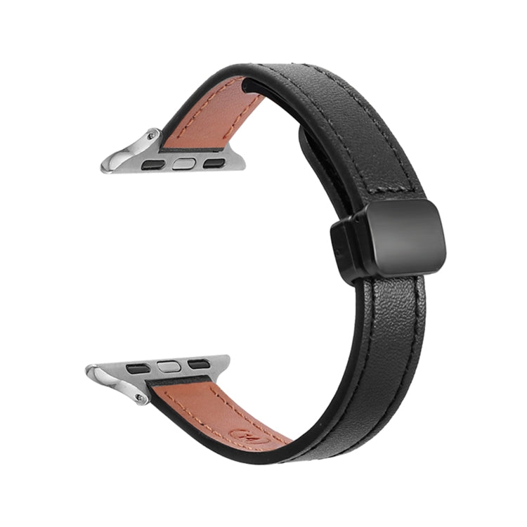 For Apple Watch SE 2022 44mm Slim Magnetic Buckle Genuine Leather Watch Band(Plain Black) by bashfashion
