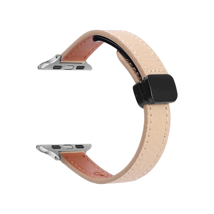 For Apple Watch Series 7 41mm Slim Magnetic Buckle Genuine Leather Watch Band(Litchi Apricot) by bashfashion