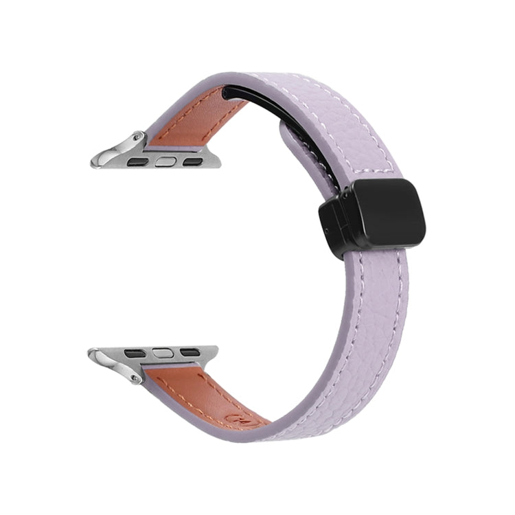 For Apple Watch Series 7 41mm Slim Magnetic Buckle Genuine Leather Watch Band(Litchi Lavender) by bashfashion