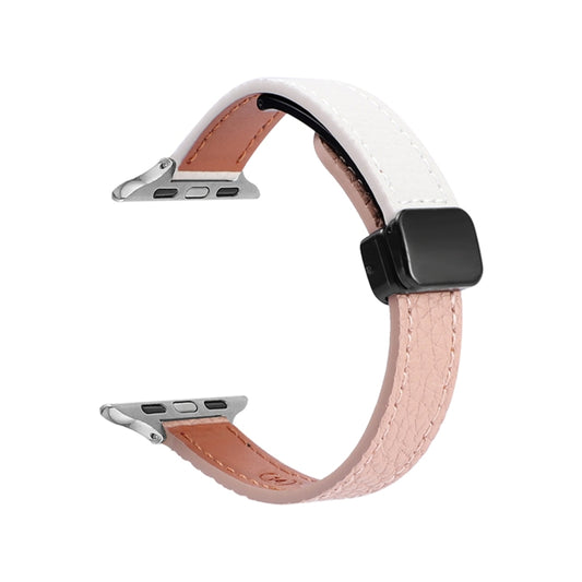 For Apple Watch Series 7 41mm Slim Magnetic Buckle Genuine Leather Watch Band(Litchi Pink Beige) by bashfashion