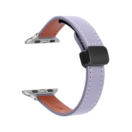 For Apple Watch Series 7 45mm Slim Magnetic Buckle Genuine Leather Watch Band(Plain Purple) by bashfashion