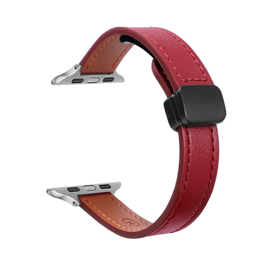 For Apple Watch SE 40mm Slim Magnetic Buckle Genuine Leather Watch Band(Plain Wine Red) by bashfashion