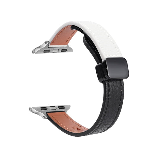 For Apple Watch SE 40mm Slim Magnetic Buckle Genuine Leather Watch Band(Litchi Black Beige) by bashfashion